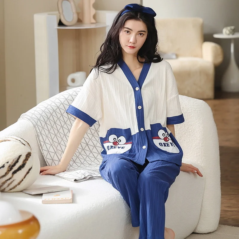 new spring pajamas, women's summer v-neck cardigan, short sleeved trousers, loose, large  thin home clothes can be worn outside
