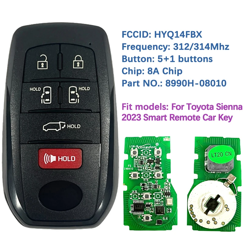 

CN007317 Aftermarket 5 + 1 Кнопка Smart Keyless Remote Key 8A Chip 312/314Mhz 8990H-08010 FCC HYQ14FBX для Toyota Sienna 2021-2022