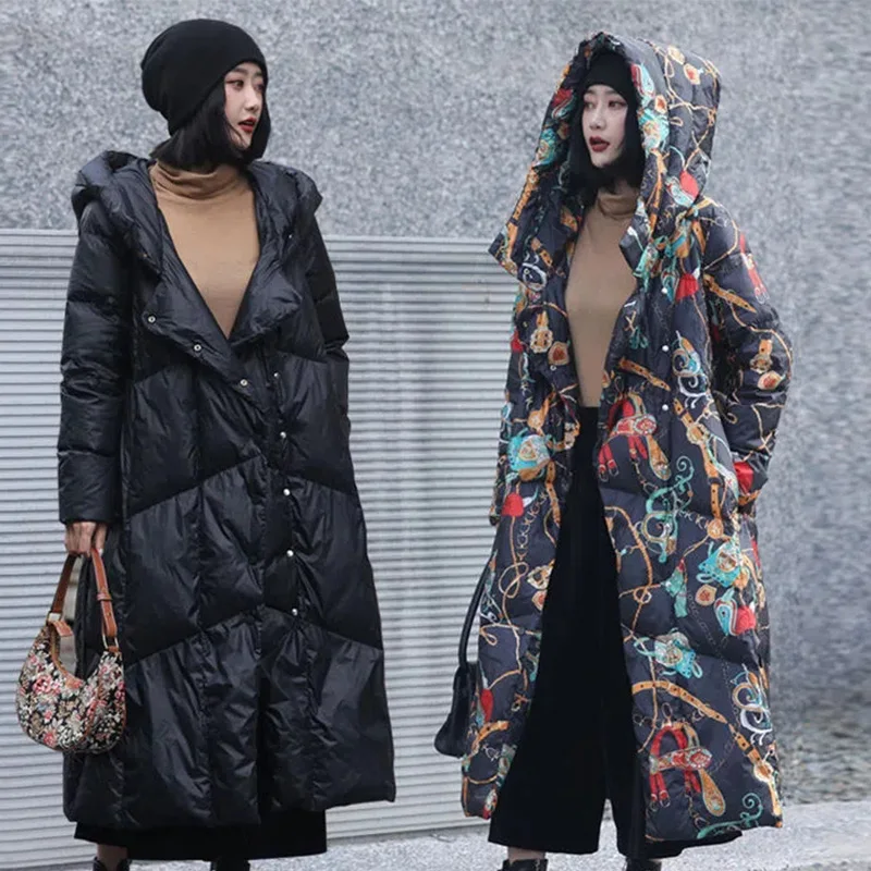 Winter 2022 New Long Down Jacket Women Artistic Print National Wind Large Size Thick Warm Hooded White Duck Down Coat Female