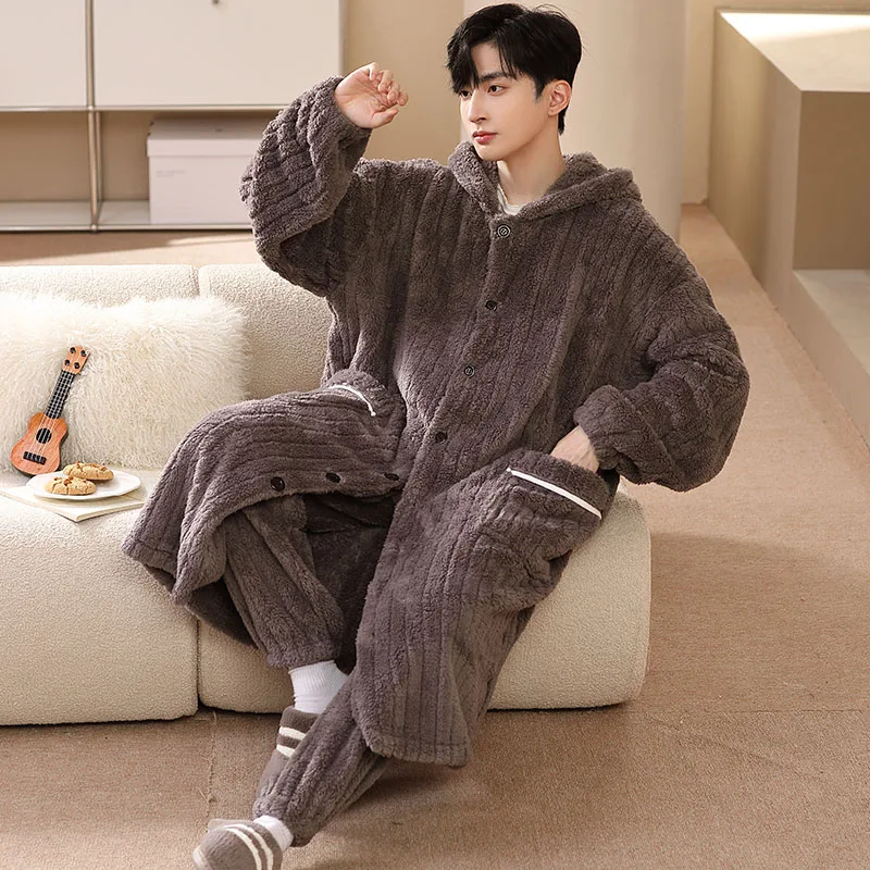 Men Coral Fleece Robe Set Winter Plus Size Kimono Thick Warm Bathrobe Flannel Men Robe Cold Pijama Hombre Cardigan Robes Gown