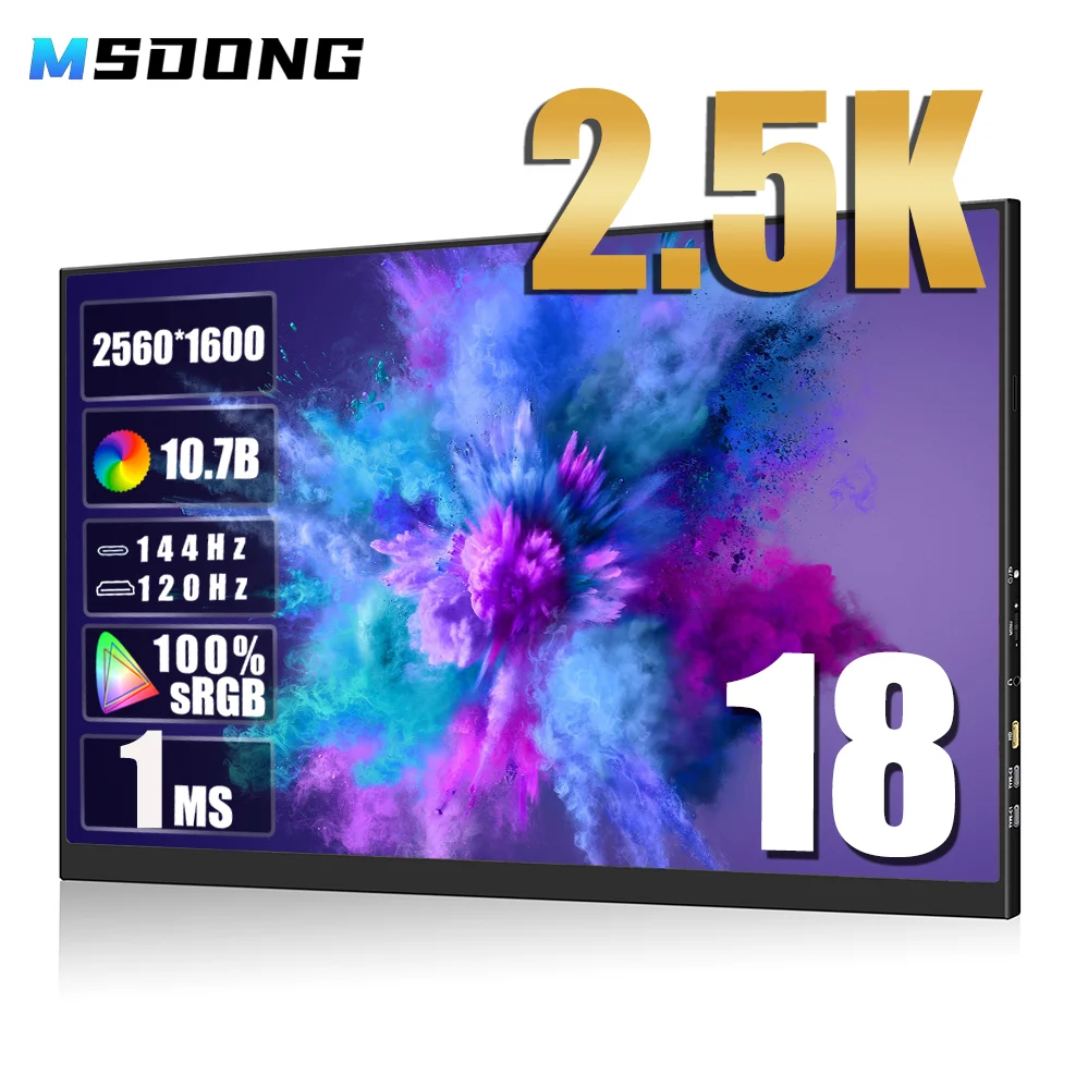 

MSDONG 18inch Monitor 2k 144Hz Portable Gamin Display 100%DCI-P3 IPS Display 2560x1600 FreeSync HDR Support VESA Type-C HDMI