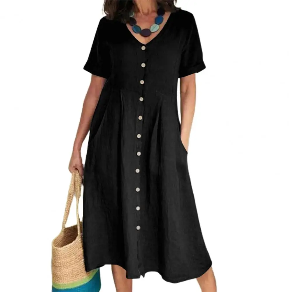 

Summer Dress Women 2022 Casual V-neck Big Pockets Short Sleeve Buttons Up Short Sleeve Loose Retro Midi Dress Female Clothing