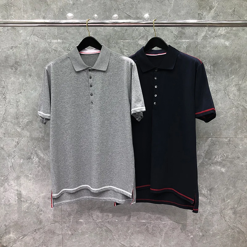 TB THOM T-shirt Fashion Brand Custom Wholesale Clothing Classic Cotton Solid Turn-Down Collar Short Sleeve Sweatshirts