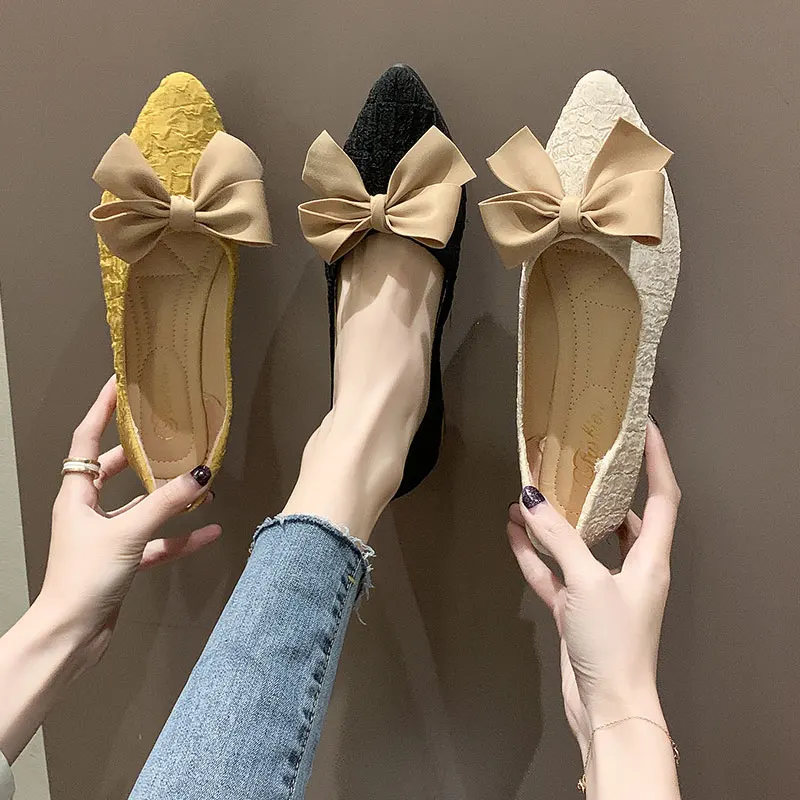 Элегантная женская обувь 2022, женская обувь с острым носком, подходящая ко всему Осенняя модная повседневная обувь без шнуровки с бантом, нов...