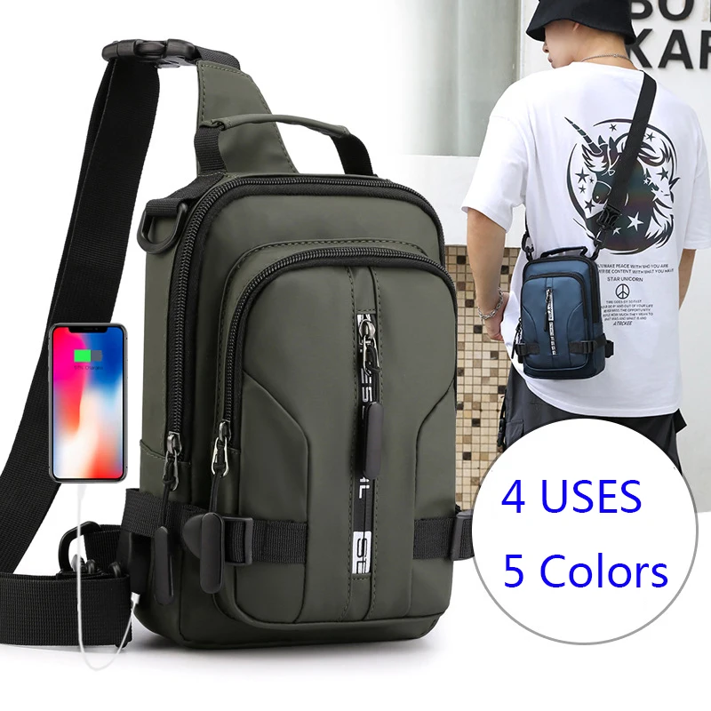 

Nylon Cross Side Bag Chest Men Body Sling Small Messenger Backpack Pack Bag Charging Shoulder Rucksack Male With Travel Port
