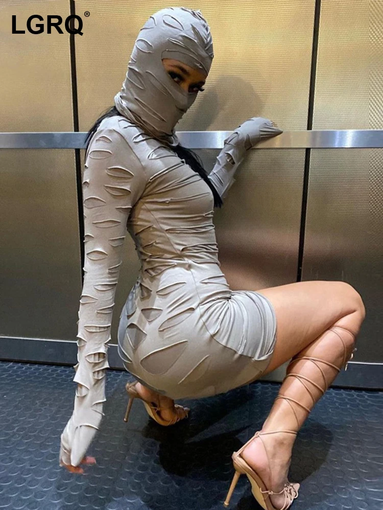 

LGRQ Women's 2023 Autumn New Personality Design Broken Hole High Quality Bodycon Wrap Buttocks Sexy Street Wear Dresses 19F1273