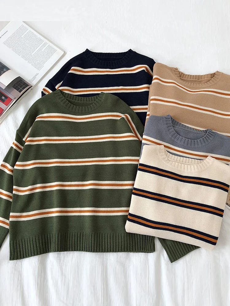 

Winter Striped Pullover Women Casual O Neck Knitted Sweater Loose Vintage Long Sleeve Jumper Female Korean Knitwear Feminino