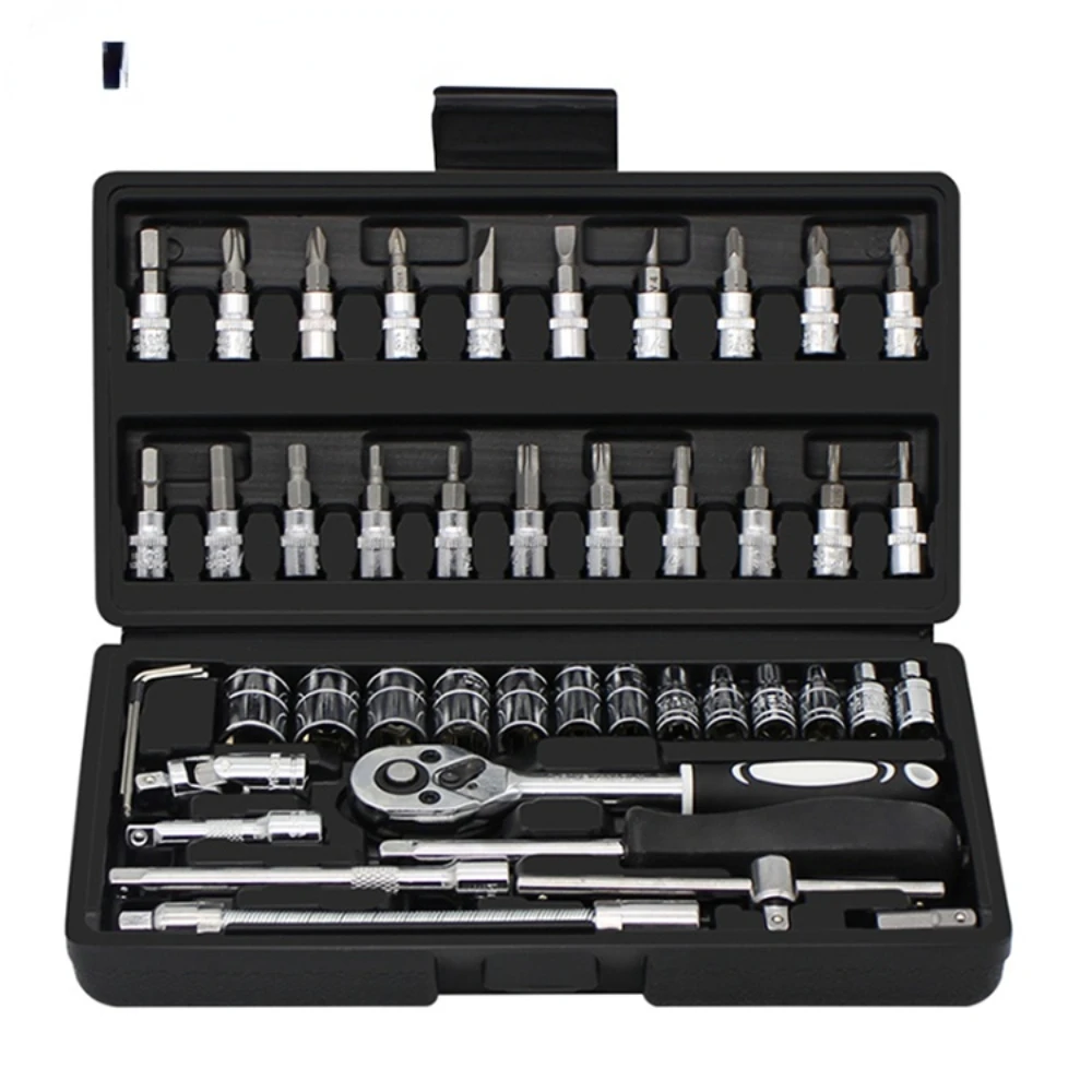 

46 Pcs 1/4 DR Car Repair Tool Box Spanner Chrome Vanadium Hand Tools And Ratchet Wrench Socket Set