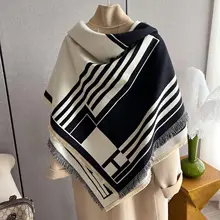 2023 Striped Double Sided Imitation Cashmere Scarf Women's Shawl Cloak Dual Purpose Warm Thickened Neck 