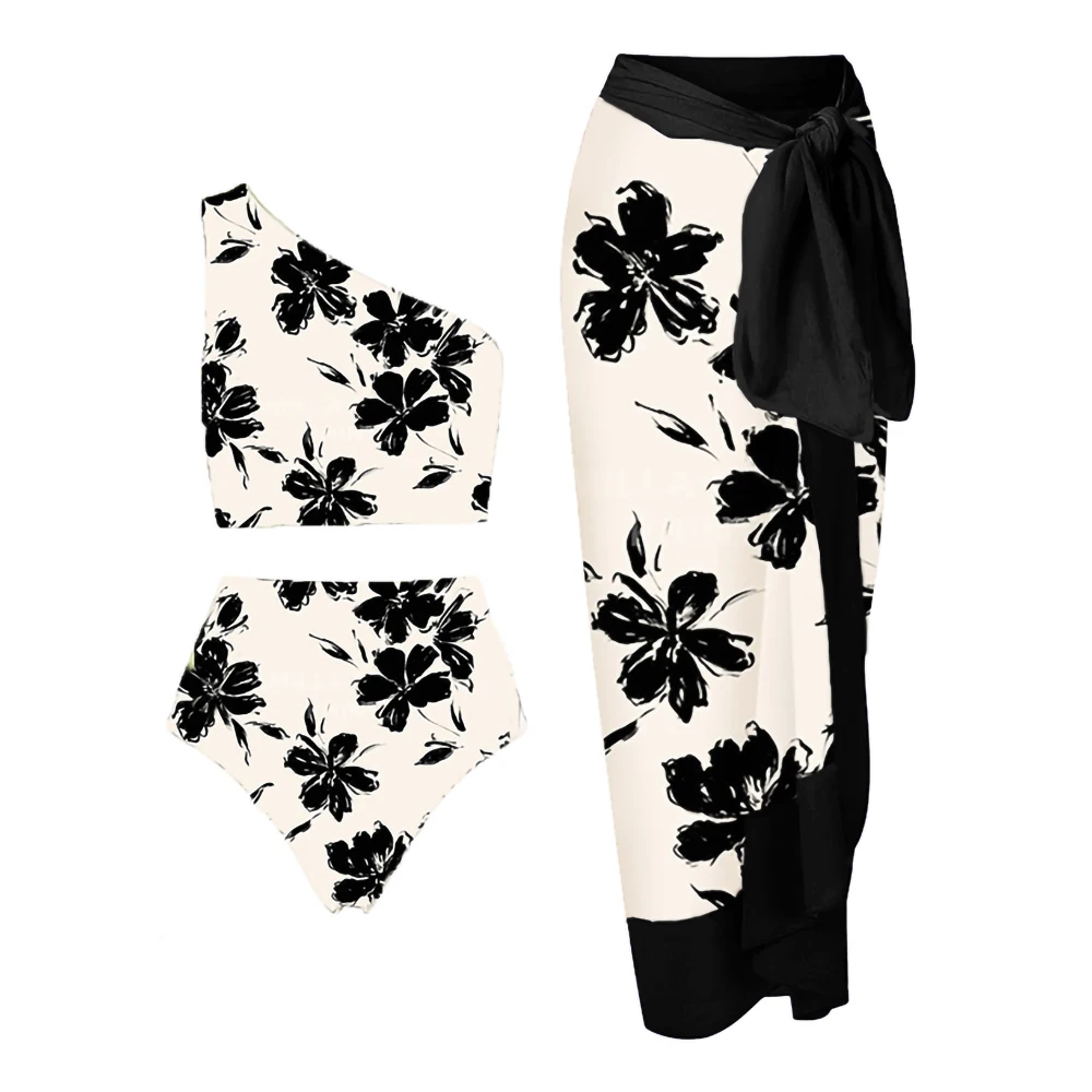 

Женское бикини с завышенной талией, черно-белое бикини с принтом на плечах, с разрезом и лямкой на шее, модная летняя пляжная одежда с чашками пуш-ап и асимметричным поясом, 2023
