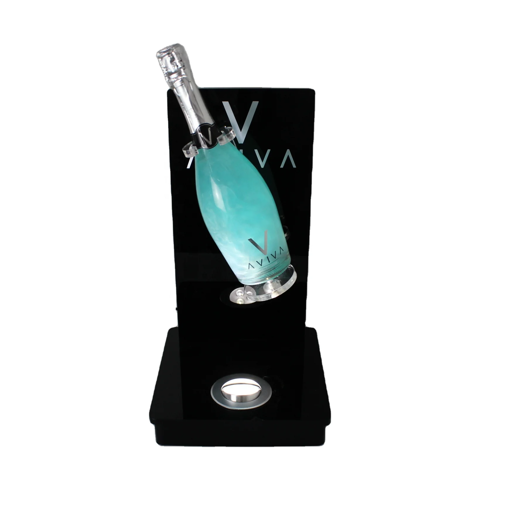 

led sparkling acrylic bottle glorifier display stand, Custom acrylic gold wine 360 degree rotating display rack