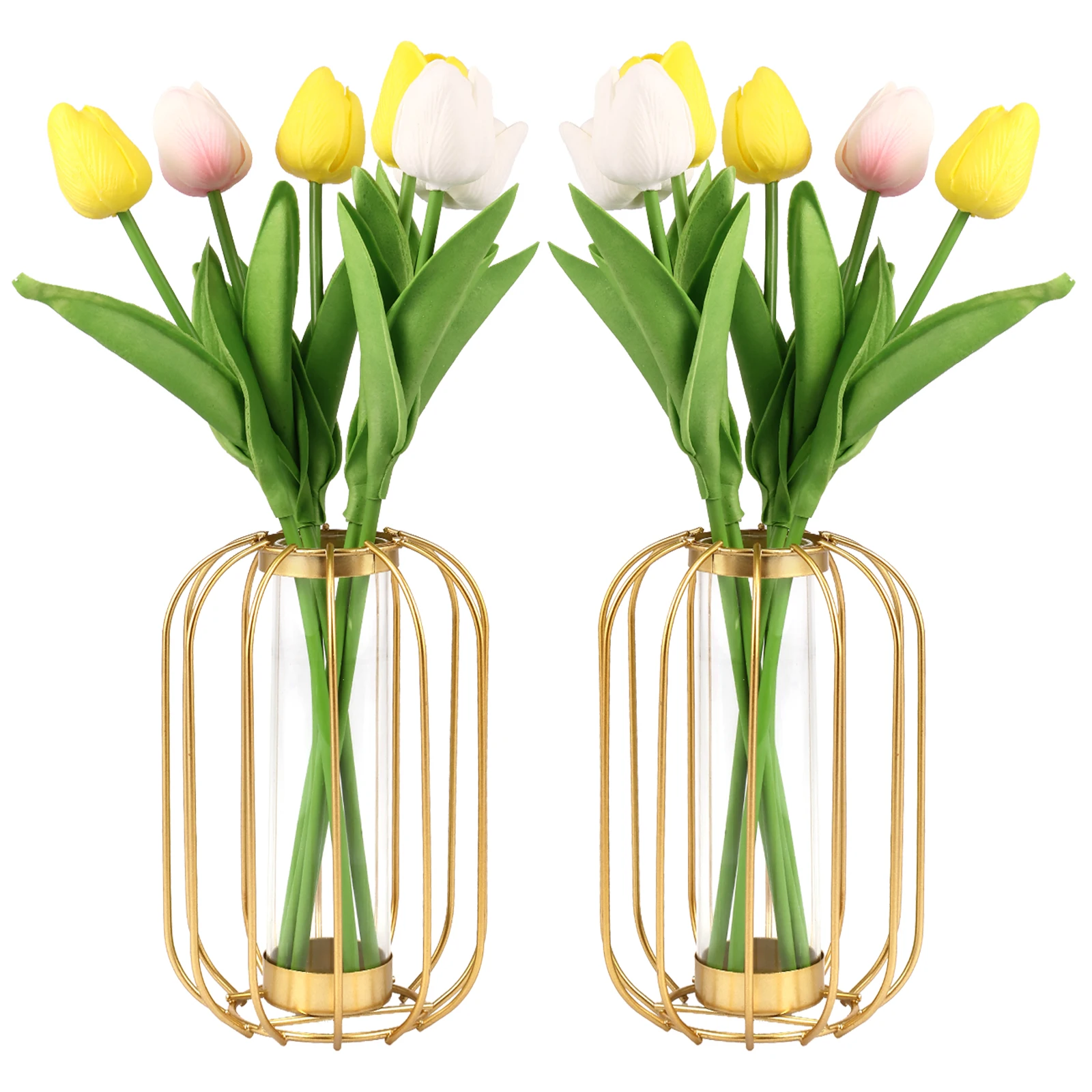 

2Pcs Flower Vase with Metal Frame Creative Lantern Shape Hydroponics Vase Gold Modern Flower Vase 6.3 inch Clear Glass Test Tube