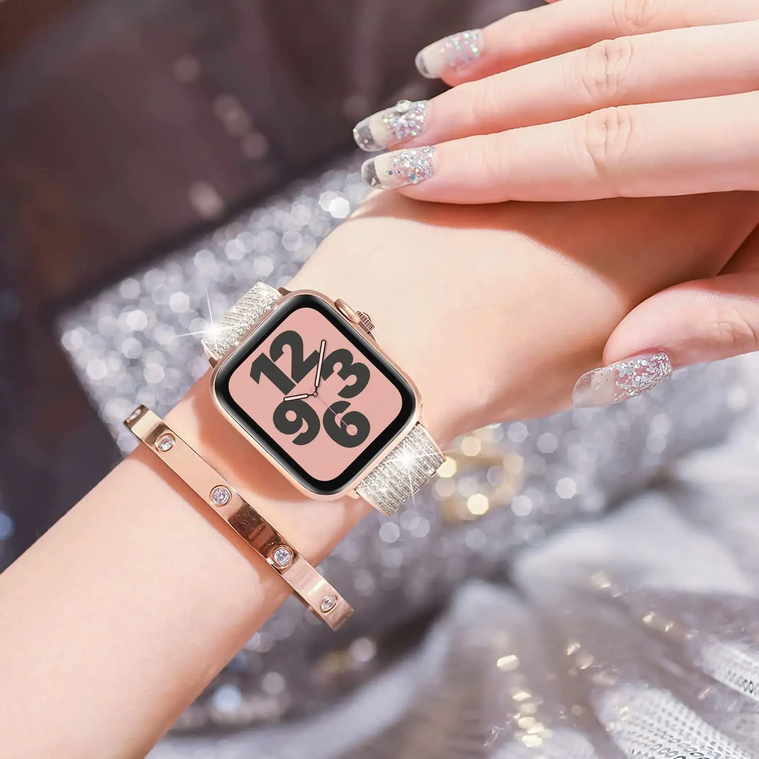 Ремешок из силикона и кожи для Apple Watch Band 44 мм 40 45 41 38 42 БРАСЛЕТ Bling Correa iWatch Series 3 5 4 6 SE