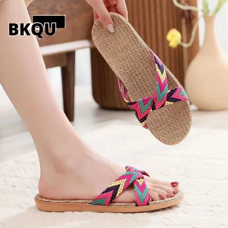 

BKQU 2022 Summer Colors Flax Home Slippers Women 35-45 Large Size Slapping Beach Flip Flops Non-slip Unisex Family Slippers