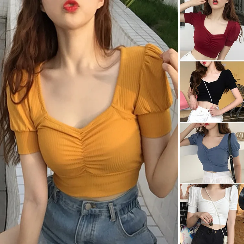 

Женский укороченный топ с квадратным вырезом и коротким рукавом-фонариком