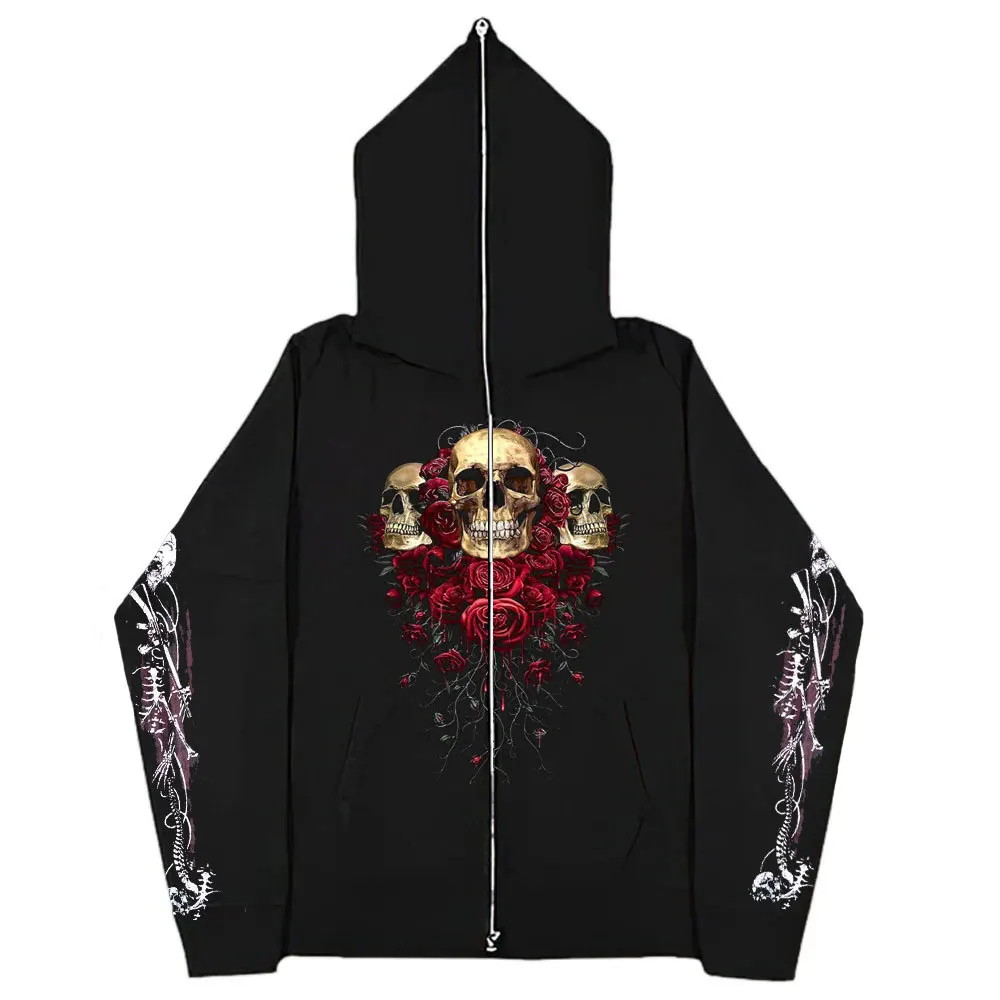 

Y2K Print Skull Rose Gothic Hip Hop Streetwear Couple Mens Women Hoody Jackets Coats Zip Cardigan Hoodies Sweatshirts Oversized