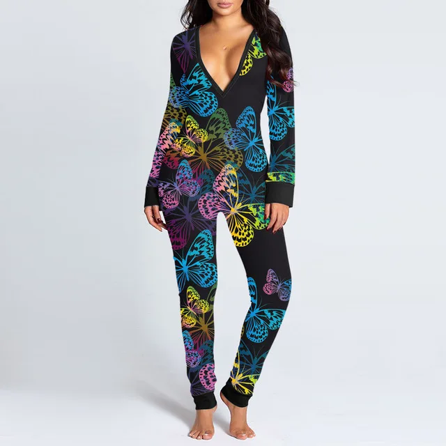 

Sexy Women Onesies With Butt Flap Coverall Long Sleeve Sleepwear Butterfly Leopard Ladies Bodycon Jumpsuit Open Crotch Pajama