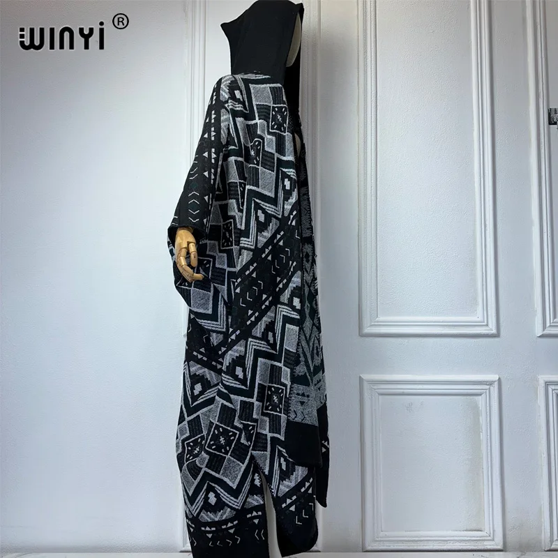 Зимний кардиган с капюшоном в Африканском клетку WINYI Женская абайя осенняя