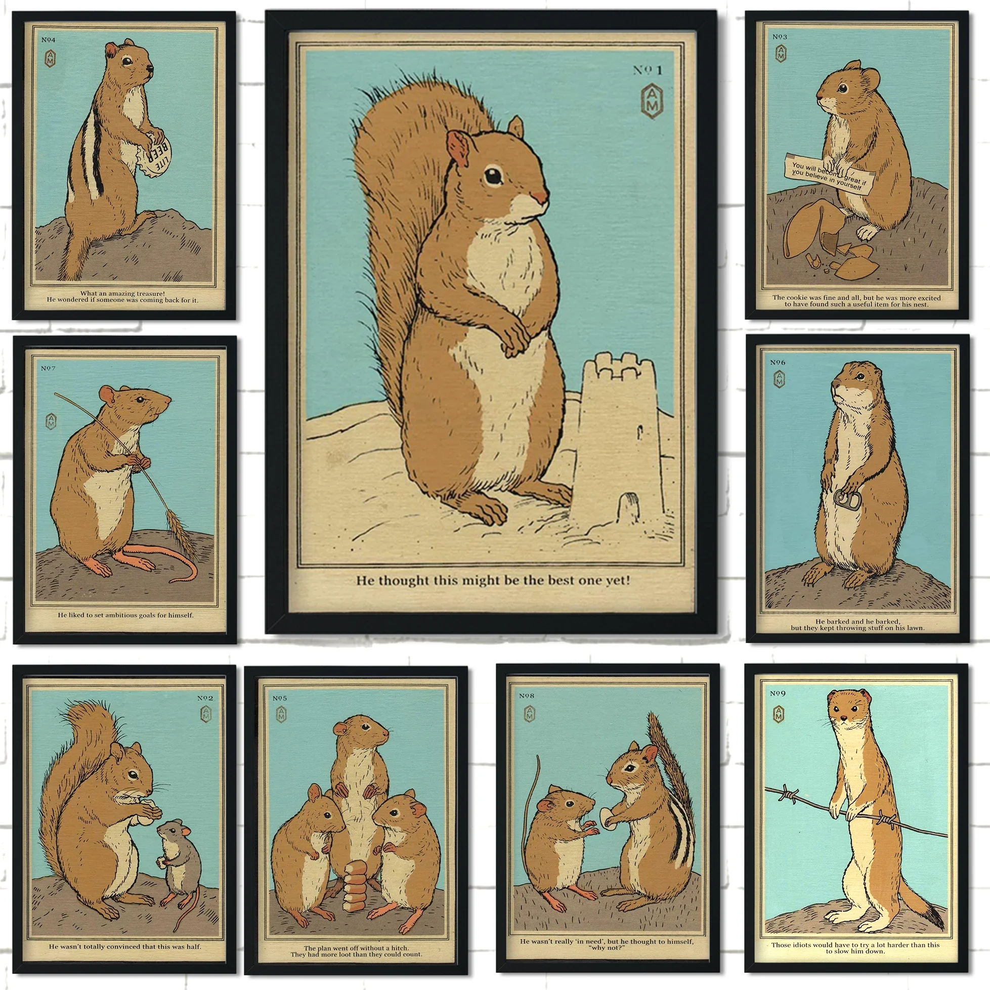 

Винтажный постер с изображением животных, белка, полка, мышь, плакаты, знаменитые цитаты, эстетическая живопись, настенное художественное украшение, кавайный Декор для комнаты, холст