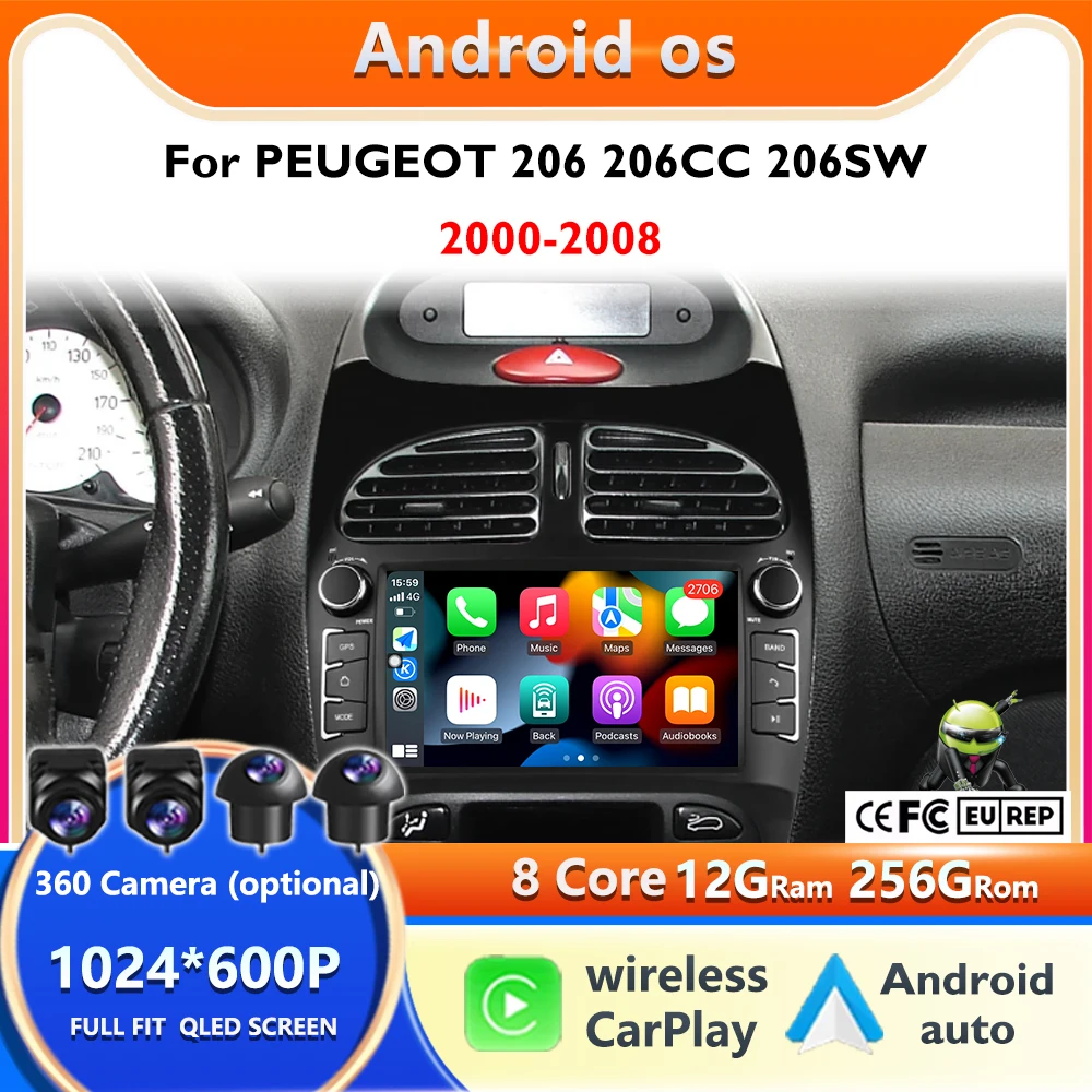 Фото 7-дюймовый Android 16 Carplay для PEUGEOT 206 206CC 206SW 2000-2008, автомобильный мультимедийный плеер, навигация, Wi-Fi, сенсорный экран №1