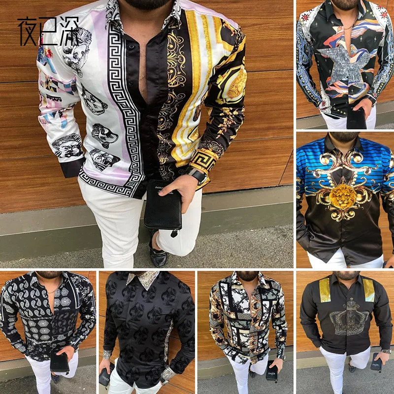 

Europe and The United States 2021 Autumn New Men's Cardigan Printing Long-sleeved Slim Men's Shirt Supply