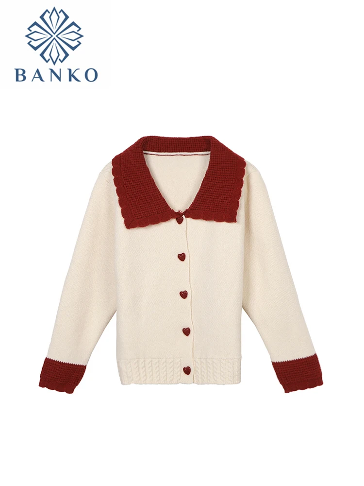

Autumn Winter Women New Turn-down Collar Contrast Color Design Open Stitch Knitwear Loose Long Sleeve Knitted Cardigan Sweater