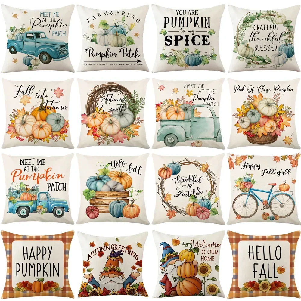 

Autumn Pumpkin Cushion Cover Pillow Cover Thanksgiving Decor Pillowcase Maple Leaves Printed Cushion Case for Couch