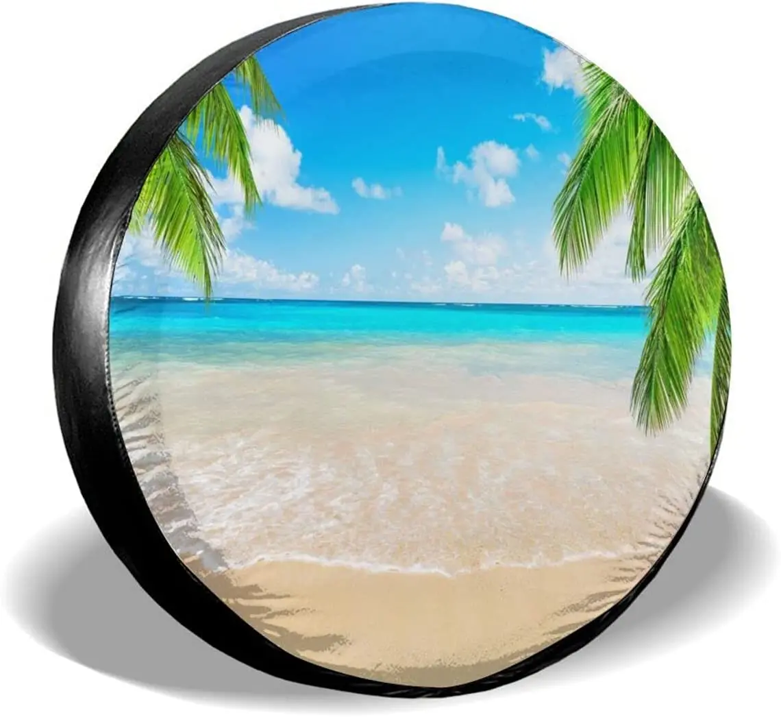 

Spare Tire Cover Palm Trees and Tropical Beach Tire Cover Waterproof DustProof Universal for Jeep,Trailer, RV, SUV and Many Veh