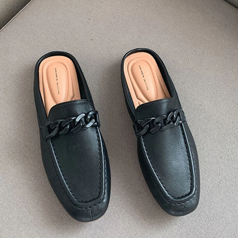 

Women's Flat Shoes Solid Color Chain Loafers Moccasin Shoes Ladies Muller Slippers Comfortable Lightweight Soft-soled Lazy Shoes