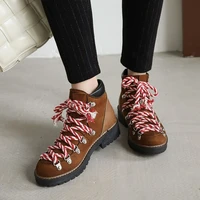 womens boots cross tied fashion outdoor shoes rivet thick low heel round toe mixed color autumn winter metal buckle woman boots
