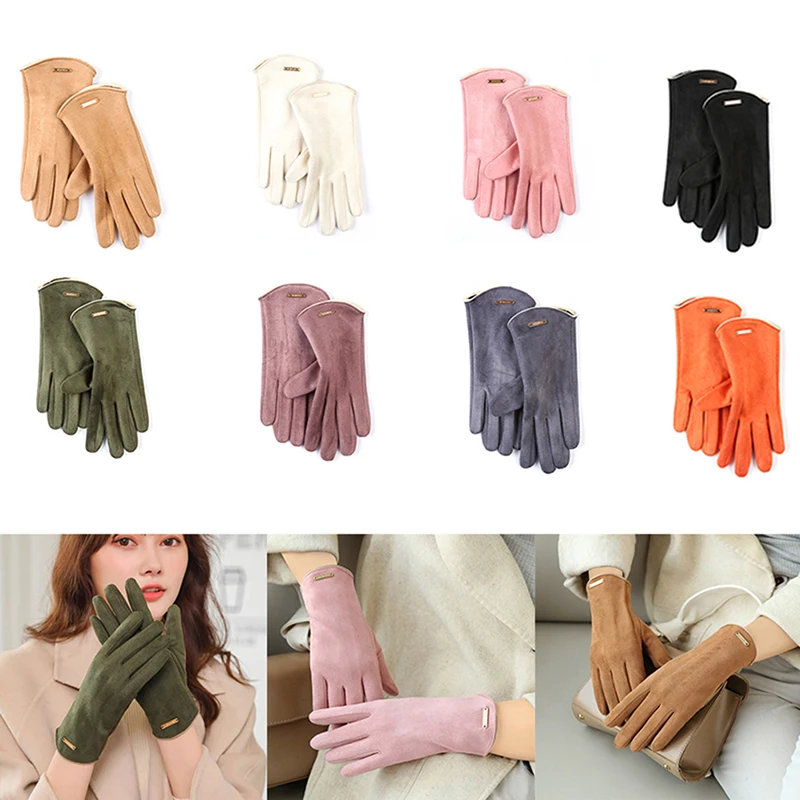 

1Pair Women Autumn Winter Keep Warm Clamshell Touch Scree Solid Simple Gloves Cycling Drive Suede Fabric Elegant Windproof
