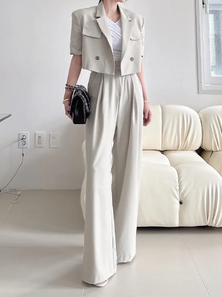 

Женский винтажный костюм из двух предметов, офисный пиджак с коротким рукавом, на одной пуговице и брюки с широкими штанинами, летний костюм