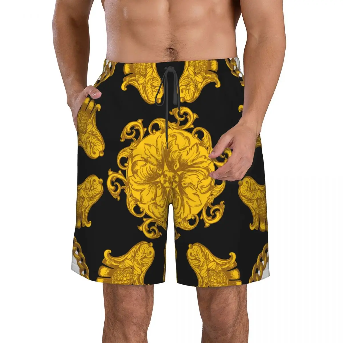 Quick Dry Summer Mens Beach Board Shorts Briefs For Man Swim Trunks Swimming Shorts Beachwear Golden-baroque-elements