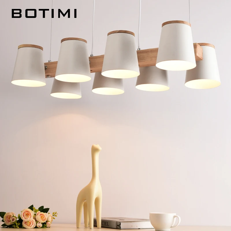 BOTIMI Adjustable Pendant Lights E27 Wooden For Dining Room Modern White Cord Hanging Lamp With Metal Lampshades