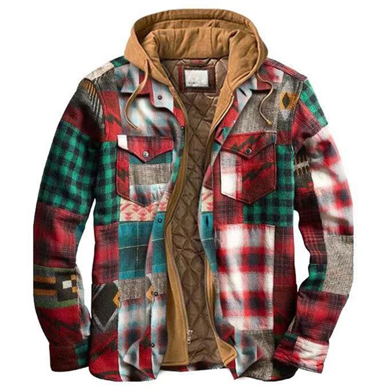 2022 Mens Autumn Winter Jacket Harajuku Plaid Hooded Zipper Long Sleeve Basic Casual Shirt Coat European American Size S-5XL
