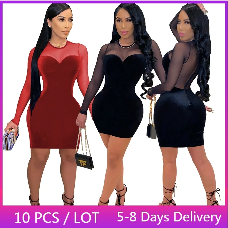 

Wholesale Items Mesh Patchwork Velvet Bodycon Dress Women Spring Autumn Long Sleeve Dress Party Club See-through Sexy Mini Dress