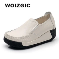 woizgic women flats female mother genuin leather shoes platform slip on moccasins black comfortable soft mujer pregnant