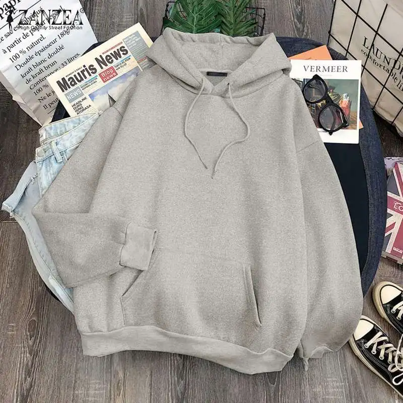 

Женская Повседневная однотонная верхняя одежда большого размера с капюшоном ZANZEA Harajuku, женские толстовки, свитшоты, Осенний Женский пуловер...