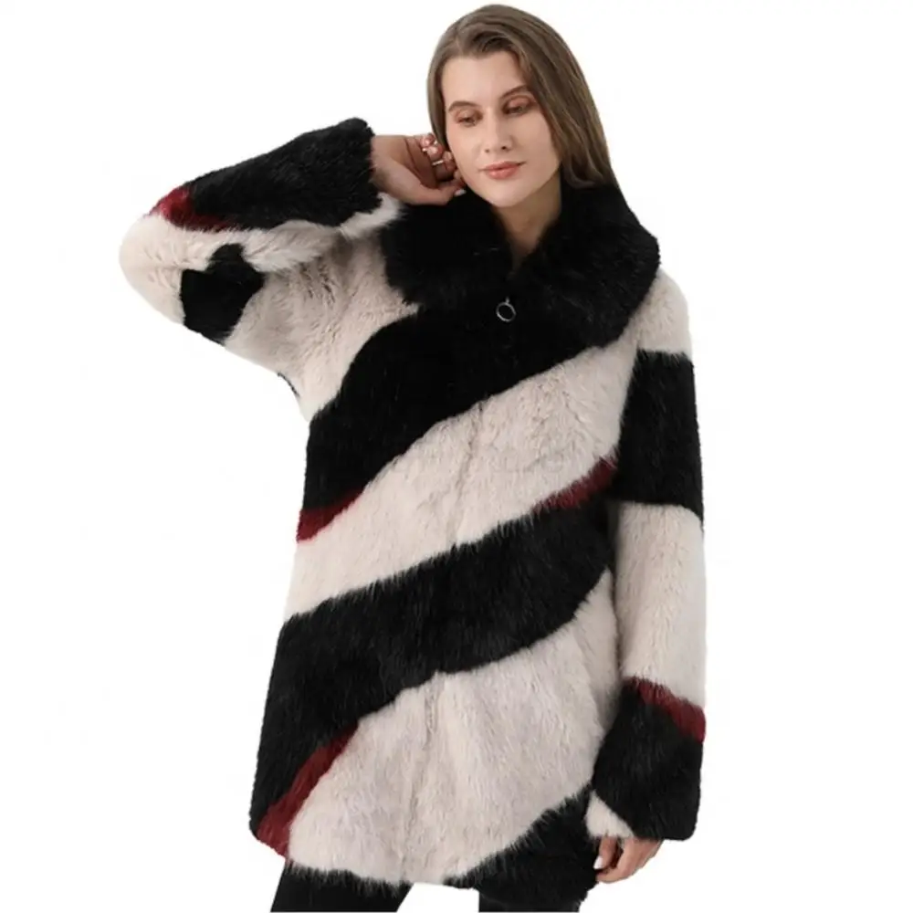 Winter Fashion Loose Warm Thick Real Fur Women Jacket Long Zipper Lapel Real Fur Mink Coat Leisure Elegant Striped Windbreaker