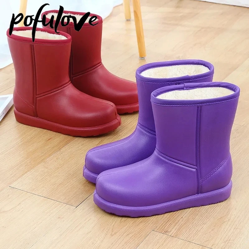 

Женские непромокаемые рабочие ботинки для девочек, зимние плюшевые теплые ботинки с мехом EVA, Нескользящие однотонные ботинки