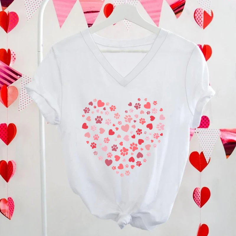 Valentines Day Paw Heart Fashion T-shirts Animal Lover Gift Cute Print Cat and Dog V-neck Short Sleeve T-shirt