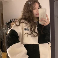 lamb velvet sweater female gothic color matching clothes high street pullover korean fashion loose long sleevedvintage top women