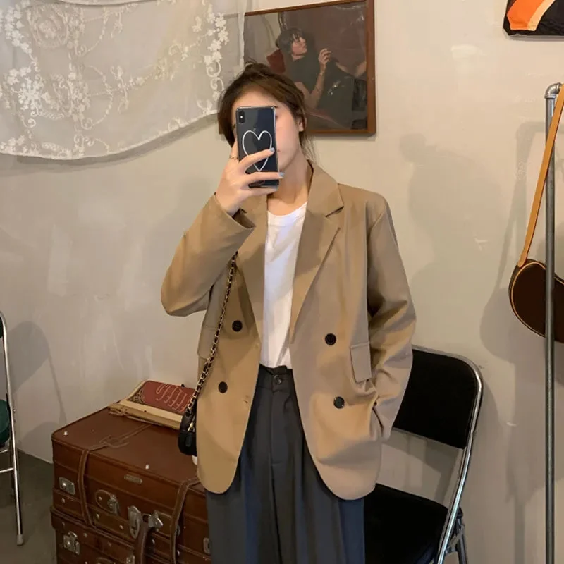 

new Ladies Autumn and Winter Women Casual Blazer Solid Color Loose Loose Mid-length Women's Double-breasted Oversized Blazer