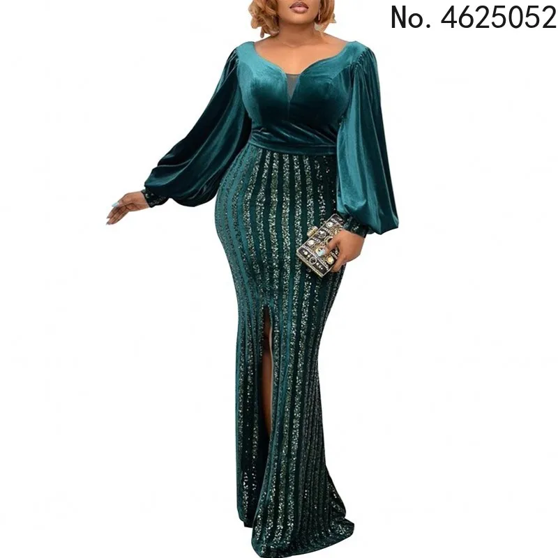 

African Velvet Dress Women Lantern Sleeve V Neck High Waist Split Robes Autumn New Stick Diamond Velour Party Maxi Dress Vestido