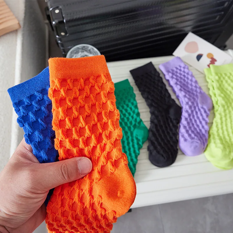 Socks Women's Mid-Calf Cotton Color Bubble Socks 10 Pairs Retro Personality Solid Color Fashion Women's Socks