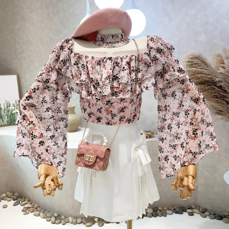 

New Women's Clothing 2022 Spring Flared sleeve off shoulder square neck Ruffle Floral Chiffon shirt Short Tops feminine blouses