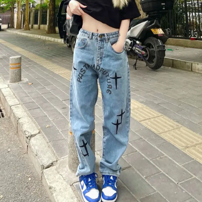 

Baggy Jeans Woman Denim Trousers New 2022 Spring High Street Cross Printed Straight Loose Casual Couple Pants Fashion Streetwear