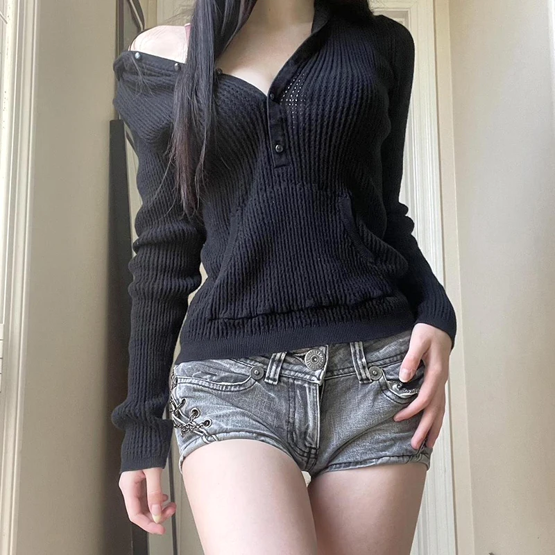 CIBBAR Женский Свитер С V-образным Вырезом И Карманами Ажурный Y2K Повседневный