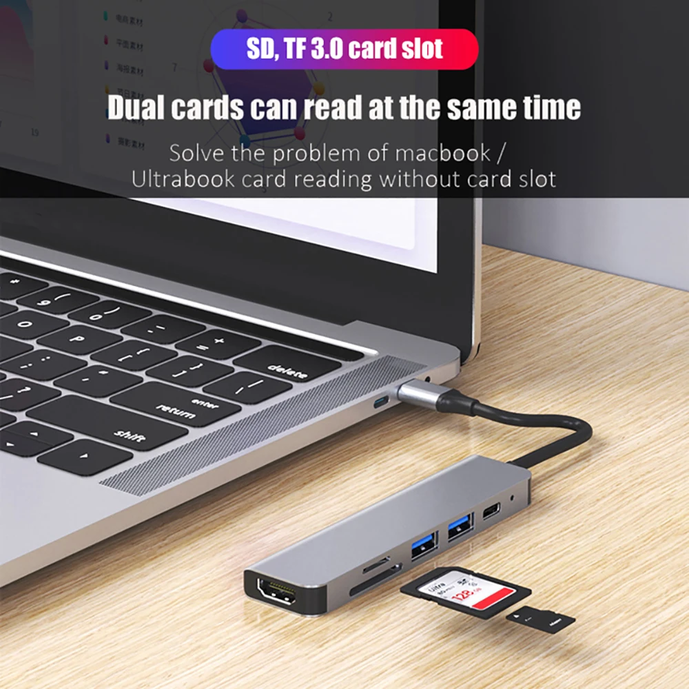 Фото Док-станции 6-в-1 USB C Концентраторы типа C к HDMI 4K HD USB 3.0 SD TF PD 87 Вт USB-разветвитель OTG-адаптер для ноутбука MacBook №5