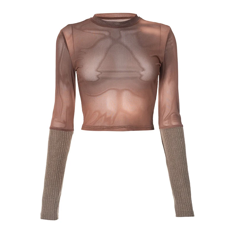 Женский вязаный сетчатый топ пуловер с длинными рукавами